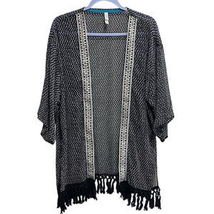 Xhilaration Black White Kimono Cardigan Boho Fringe Trim Size M